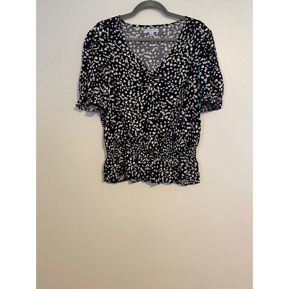 Ophelia Roe XL Black & White Polka Dot Smocked Waist Rayon Blouse Artsy Casual